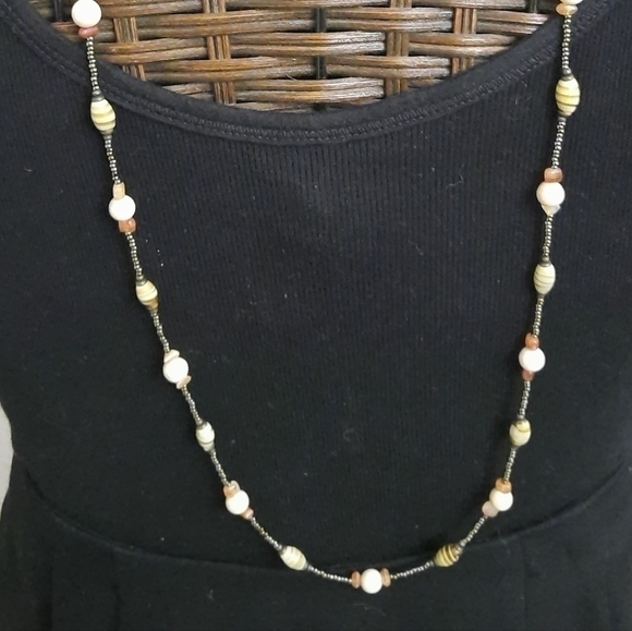 DAINTY long beaded necklace on chain neutrals with light colors & gold chain EUC - Picture 1 of 4